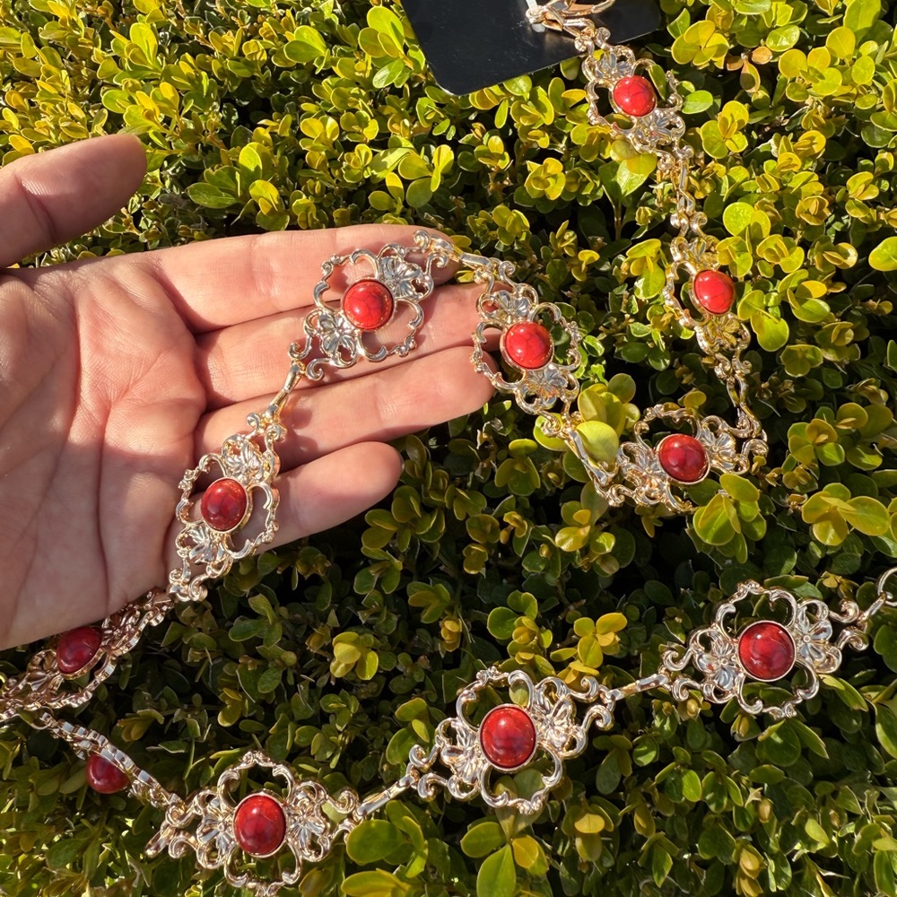 Vintage-Style Gold Floral Chain Belt w/ Red Stone Accents